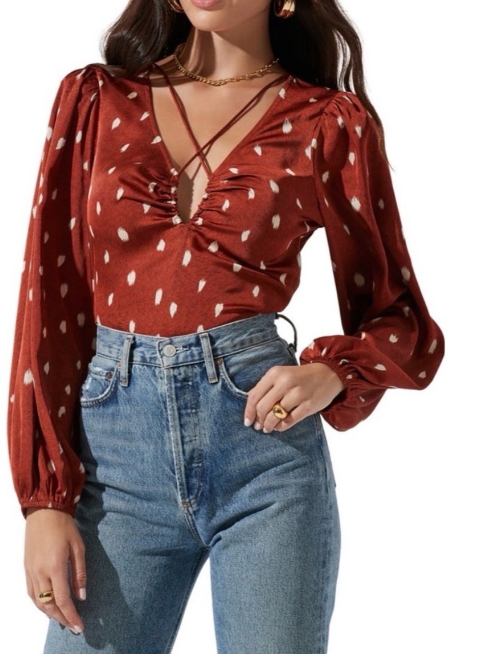 Astr Rust Red Polka Dot V-Neck Long-Sleeve Blouse
